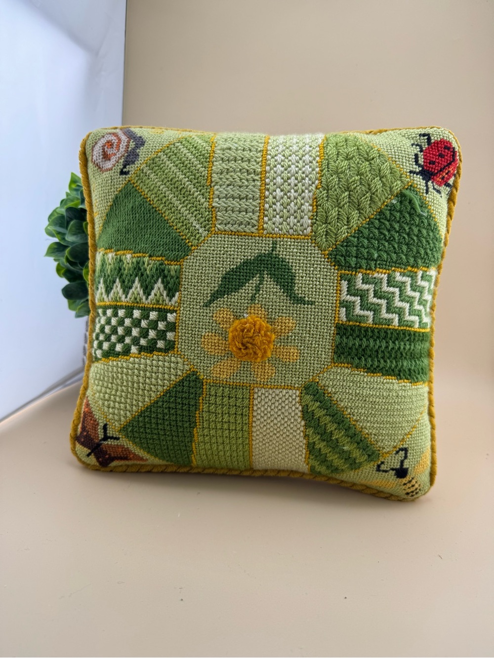 Vintage Needlepoint Garden Throw Pillow Green Floral Ladybug Snail Bee 10x10